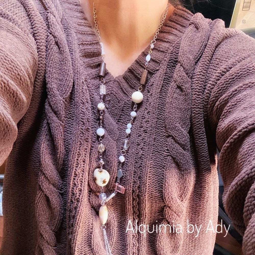 Long Cream Agate Statement Necklace — Mixed Metals & Soft Beads